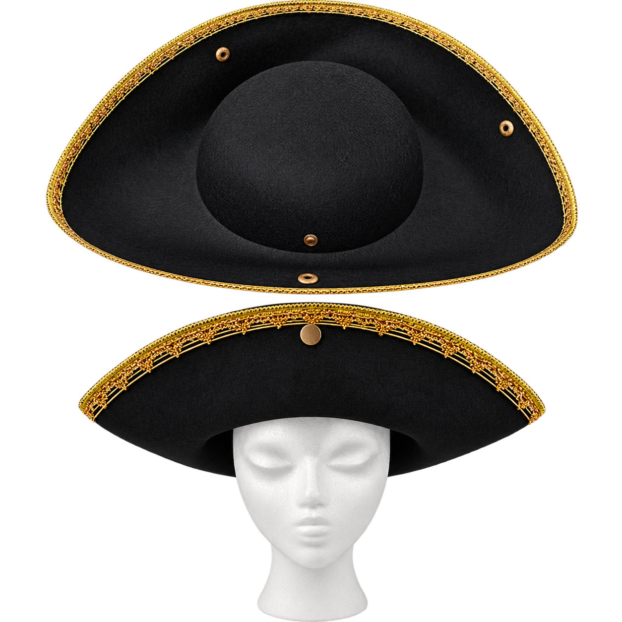 Black Felt Tricorne Hat with traditional three-corner styling, turned-up brim, and decorative gold braid trim.