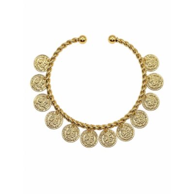 Gold-tone Metal Egyptian Bracelet Armband with twisted open cuff design and multiple dangling coin-style charms.