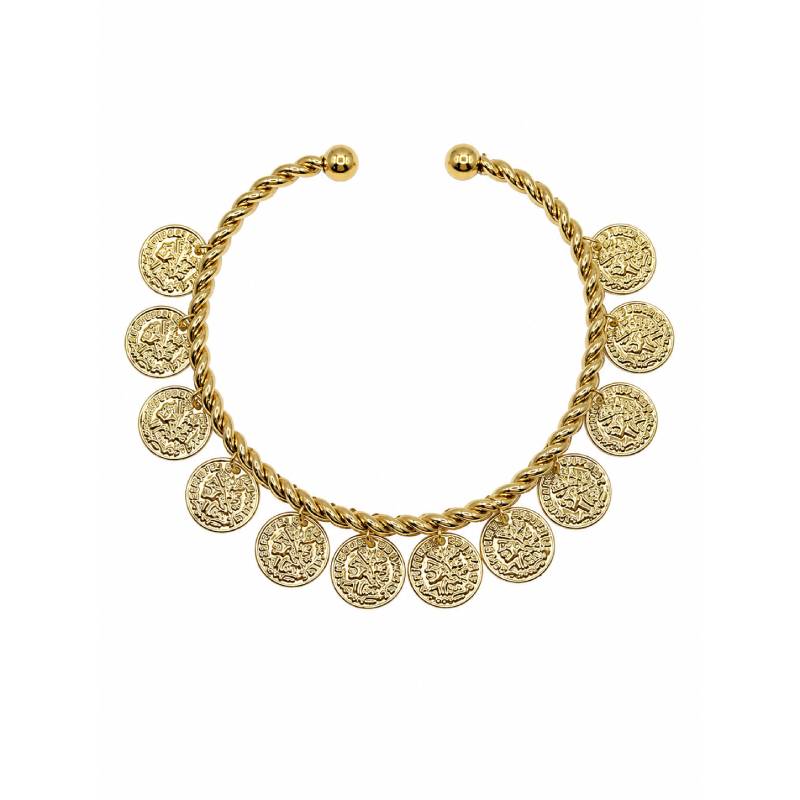 Gold-tone Metal Egyptian Bracelet Armband with twisted open cuff design and multiple dangling coin-style charms.