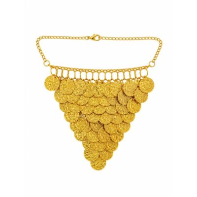 Gold-tone Metal Egyptian Coin Necklace with layered dangling coin charms arranged in a wide triangular bib design.