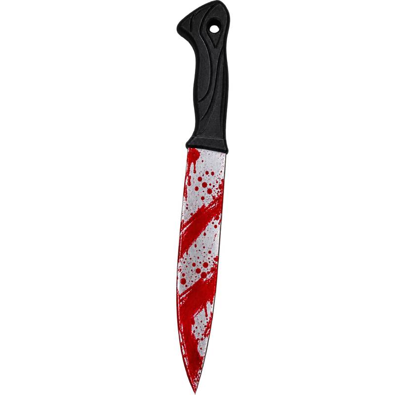 blood-splattered plastic knife prop with red bloody details.