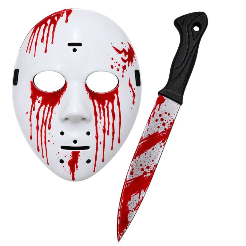Plastic Slasher Hockey Mask and Knife Set with a white blood-splattered mask and matching plastic knife prop with red bloody details.