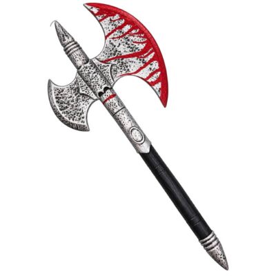 26-inch Plastic Headsman Axe with distressed silver-tone double blades, red accents, black weathering, and a long black handle.