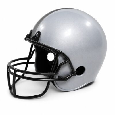 Silver football costume helmet with a metallic finish, black face guard, and clean logo-free design on a white background.