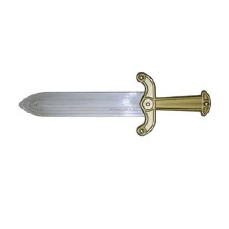 Plastic Roman Dagger costume prop with a short silver-tone blade, gold-tone handle, and curved decorative guard.