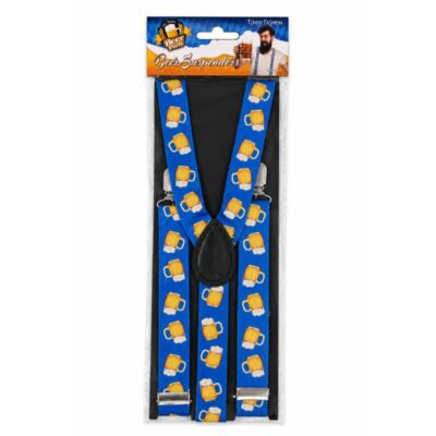 Printed Beer Mugs Suspenders with bright blue straps and repeating frothy beer mug graphics for Oktoberfest and costume parties.