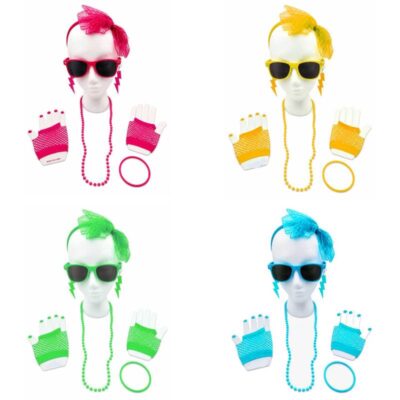 80s Color-Themed Accessories Kits with matching sunglasses, lightning-bolt earrings, bow headbands, fishnet gloves, necklaces, and bracelets in green, pink, yellow, and blue.