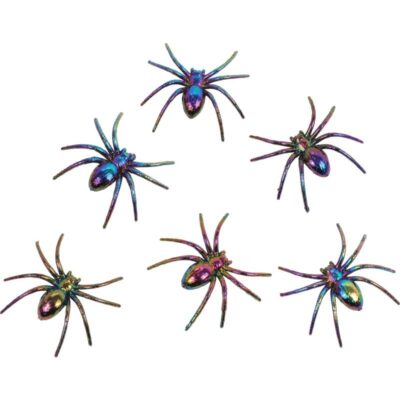 Six 3-inch black iridescent plastic spiders with purple, blue, green, and gold metallic reflections.