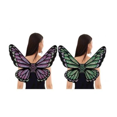 22-Inch Sparkle Jeweled Butterfly Wings shown in purple and green with black outlines, silver accents, glitter details, and decorative jewels.