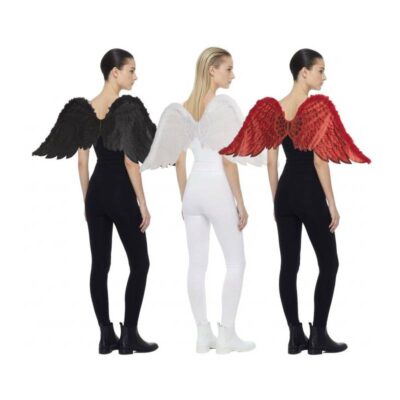 22-Inch Glittered Fabric Costume Wings with fur trim shown in black, white, and red color options.