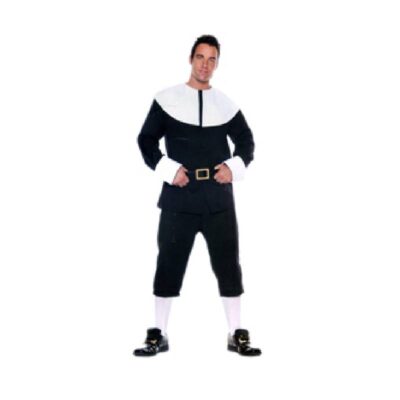 Adult wearing a Pilgrim Man Costume with a black colonial-style top, broad white collar and cuffs, cropped black pants, and buckle-front belt.
