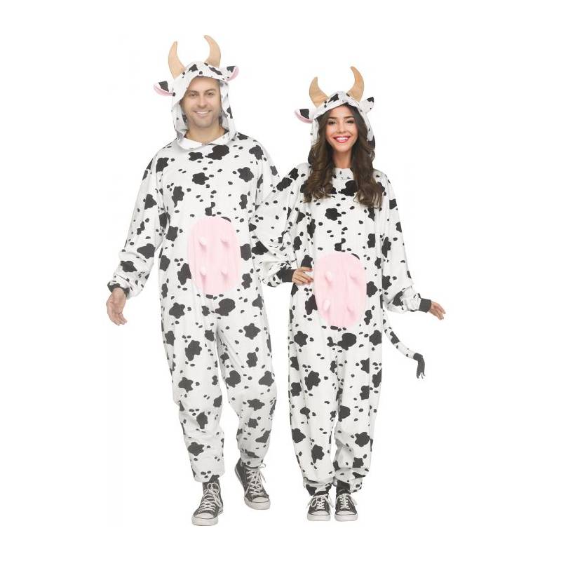 Two adults wearing black-and-white spotted cow costumes with hooded cow heads, tan horns, pink udders, and tails.