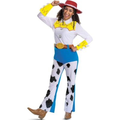 Disney Pixar Toy Story Jessie Adult Costume with red cowgirl hat, white and yellow western top, blue pants, printed belt, and black-and-white cow-print leg panels.(Front)
