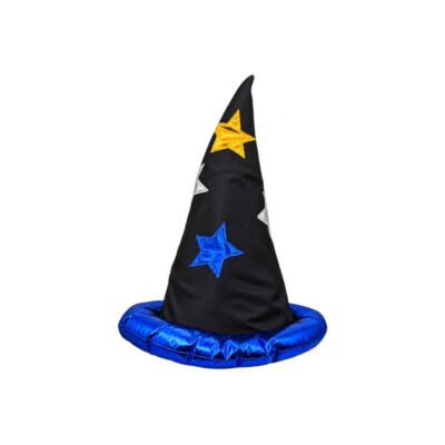Deluxe Fabric Wizard Hat with Stars featuring a tall black pointed crown, metallic blue padded brim, and blue, gold, and silver star accents.