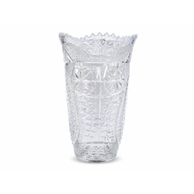 8-Inch Cut Plastic Flower Vase Container in clear plastic with molded decorative pattern, flared rim, and tapered shape.
