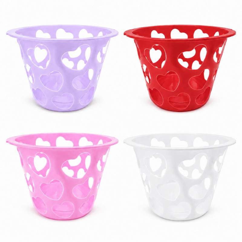 12 by 7 inch round plastic heart cutout baskets shown in assorted lavender, red, pink, and white colors.