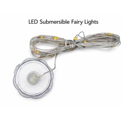 Battery-Operated Submersible LED Tiny Fairy Light Set with small warm-tone LEDs on flexible silver wire and compact round battery housing.