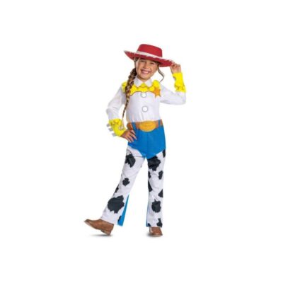 Disney Pixar Toy Story 5 Sheriff Jessie Child Costume with red cowgirl hat, white and yellow western top, blue waist details, and black-and-white cow-print pants.