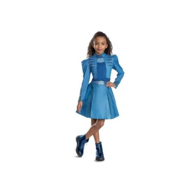 Disney Descendants Wicked Wonderland Chloe Child Costume featuring a blue long-sleeve dress with structured shoulders, decorative bodice details, waist accent, and flared skirt.