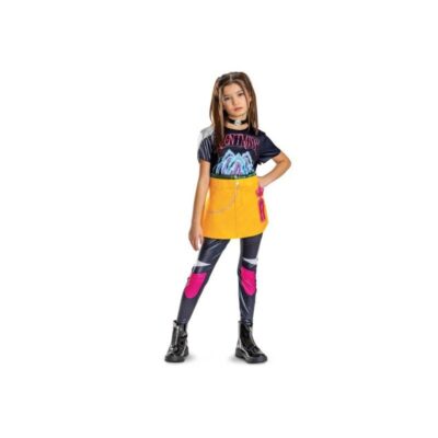 KPop Demon Hunters Mira Child Costume with turquoise sleeveless top and colorful blue, yellow, black, and purple patterned pants. (Front)