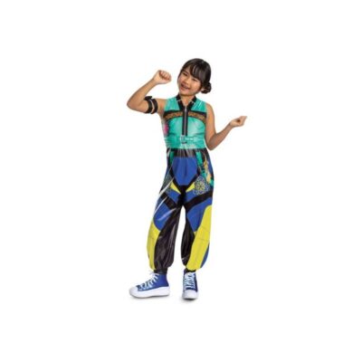 KPop Demon Hunters Zoey Child Costume with graphic black top, bright yellow-orange skirt, and colorful black leggings.(Front)