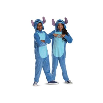 Disney Lilo & Stitch Stitch Child Jumpsuit Costume in blue with light blue belly panel, attached character hood, and oversized Stitch ears. (Front)