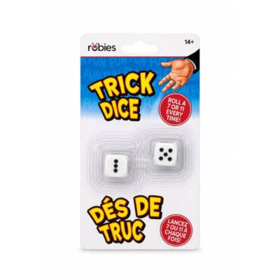 Novelty trick dice set with white dice and black pips in retail packaging.