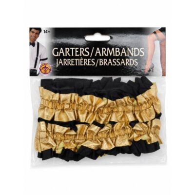 Black and Gold Garters / Armbands costume accessory set with gathered black fabric and layered metallic gold ruffle trim.