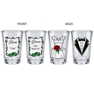 Bride and Groom Wedding Shot Glasses two-count set showing the front and back designs with wedding sayings, rings, bridal gown, bouquet, and tuxedo graphics.