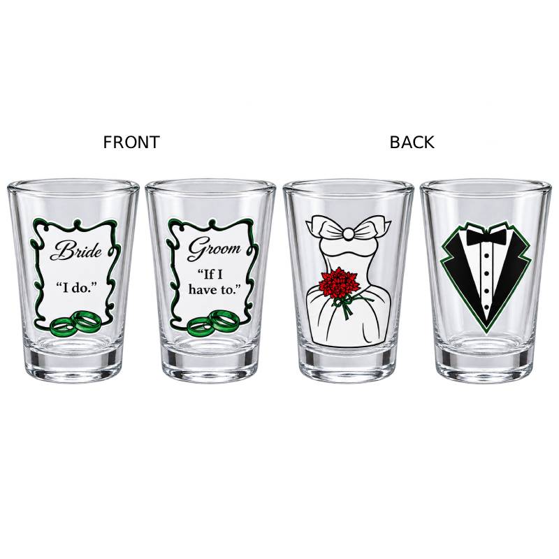 Bride and Groom Wedding Shot Glasses two-count set showing the front and back designs with wedding sayings, rings, bridal gown, bouquet, and tuxedo graphics.