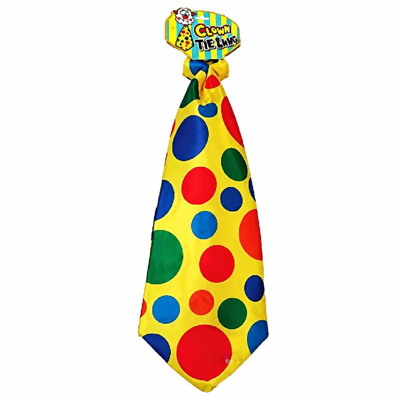 Oversized yellow clown tie with large red, blue, green, and orange polka dots for circus and Halloween costumes.
