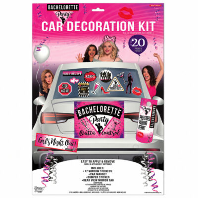Bachelorette Party Car Decoration Kit with 20 pink, black, and white bridal-themed pieces including window stickers, car magnet, bumper sticker, and rear-view mirror tag.