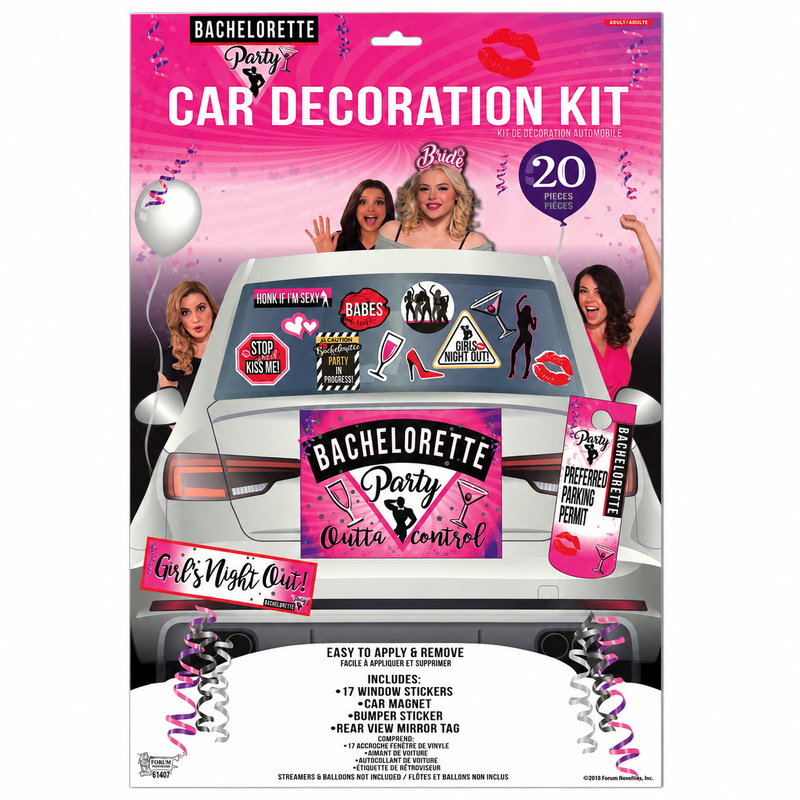 Bachelorette Party Car Decoration Kit with 20 pink, black, and white bridal-themed pieces including window stickers, car magnet, bumper sticker, and rear-view mirror tag.