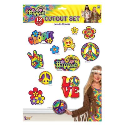 12-Piece Hippie Cutout Set with colorful peace signs, flowers, Groovy and Hippie messages, tie-dye graphics, and retro 60s and 70s designs.