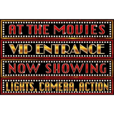 4" x 24" At the Movies assorted marquee sign cutouts featuring At the Movies, VIP Entrance, Now Showing, and Lights Camera Action designs.