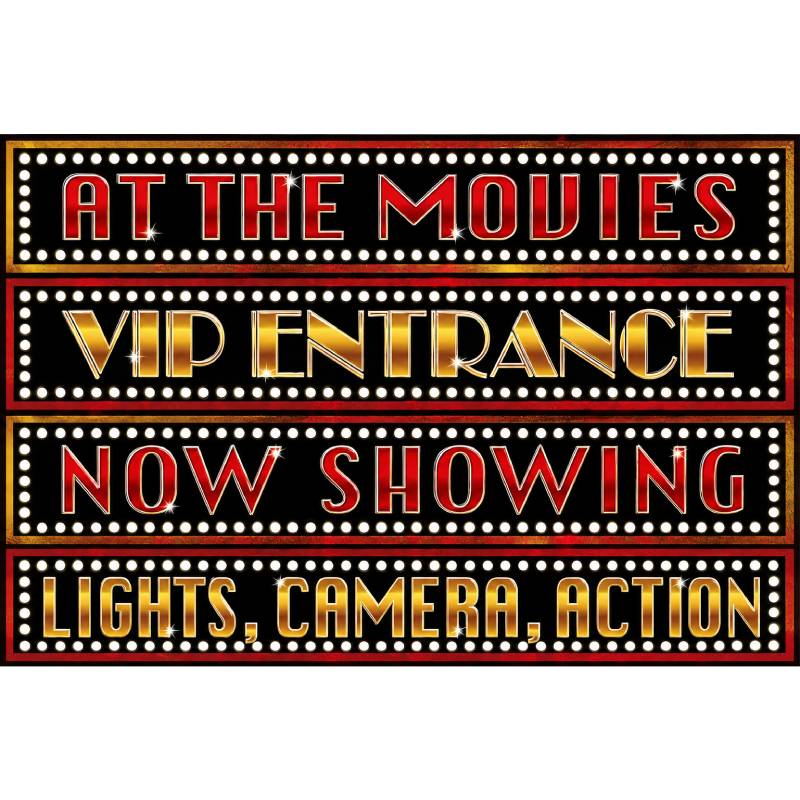 4" x 24" At the Movies assorted marquee sign cutouts featuring At the Movies, VIP Entrance, Now Showing, and Lights Camera Action designs.