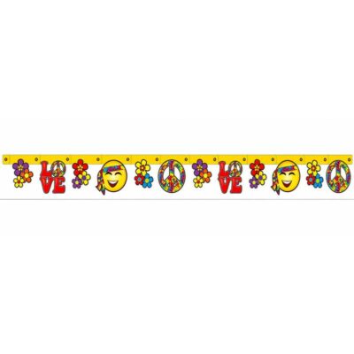 7-Foot Hippie Theme Jointed Banner with colorful peace signs, flowers, smiley faces, and LOVE graphics in a retro 60s and 70s style.