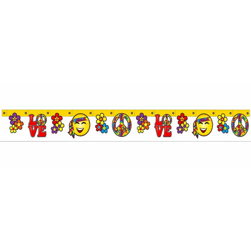 7-Foot Hippie Theme Jointed Banner with colorful peace signs, flowers, smiley faces, and LOVE graphics in a retro 60s and 70s style.
