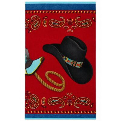54" x 108" Way Out West Plastic Table Cover with red western design, black cowboy hat, rope lasso, and paisley-style borders.