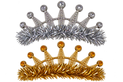 Plated Plastic Tiaras in silver and gold with sparkling jewel-style accents, pointed crown peaks, and matching metallic tinsel trim.