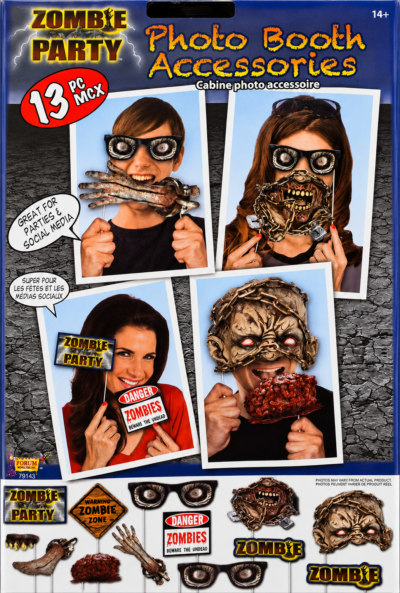 Zombie Party Photo Booth Accessories 13-piece set with zombie eyes, warning signs, monster mouths, face props, and creepy handheld designs.