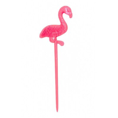 3 inch bright pink plastic flamingo party pick with flamingo-shaped topper and pointed stem.