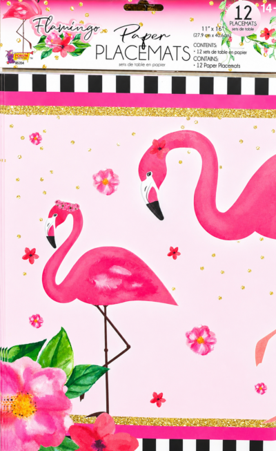 Flamingo Paper Placemats featuring pink flamingos, tropical flowers, green leaves, gold-look dots, hot pink trim, and black-and-white striped borders.
