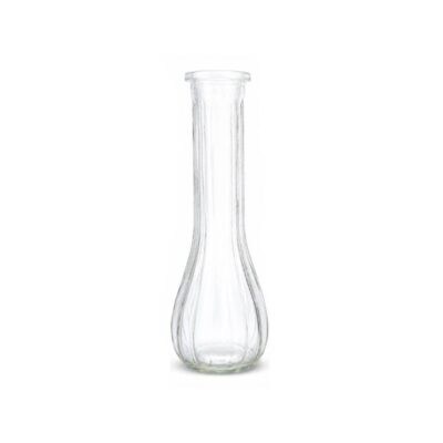 8.5-Inch Round Bottom Glass Bud Vases in clear with rounded bases, narrow necks, and vertical ribbed detailing.