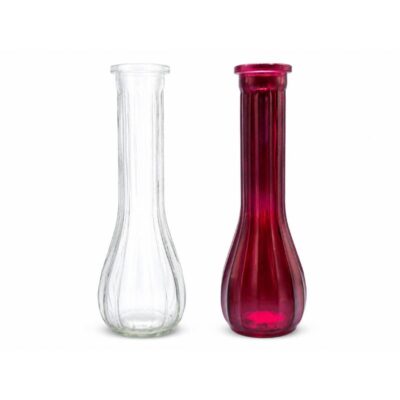 8.5-Inch Round Bottom Glass Bud Vases in clear and red with rounded bases, narrow necks, and vertical ribbed detailing.