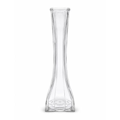 8.5 inch clear glass bud vase with tall narrow neck and square bottom.