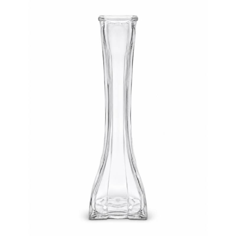 8.5 inch clear glass bud vase with tall narrow neck and square bottom.