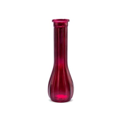8.5-Inch Round Bottom Glass Bud Vases in red with rounded bases, narrow necks, and vertical ribbed detailing.