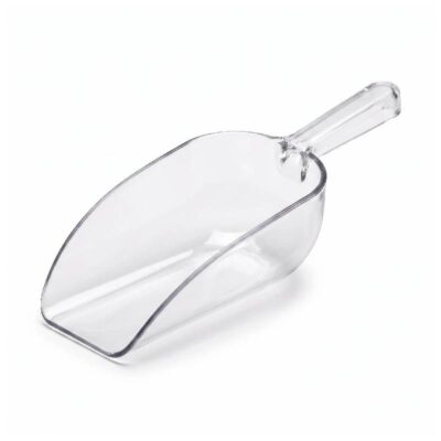 Small clear plastic serving scoop with deep bowl and handle, available in 5.5-inch, 6.5-inch, or 7.5-inch overall lengths.
