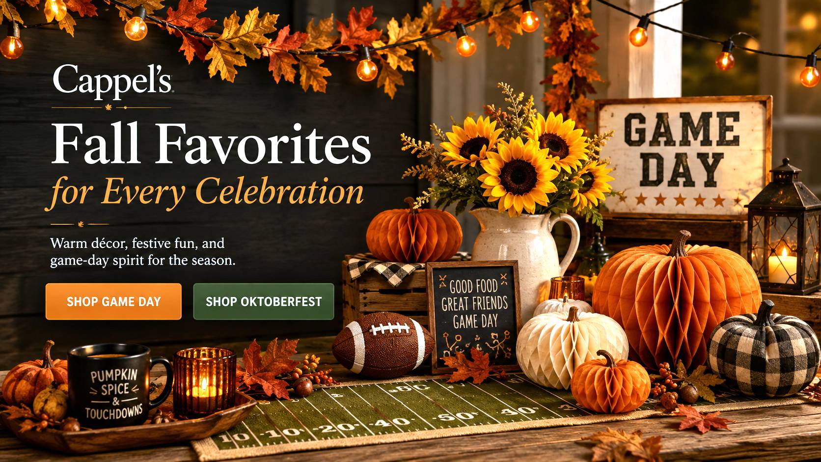 homepage-fall-favorites Fall Header with football, beer stein, and sunflower